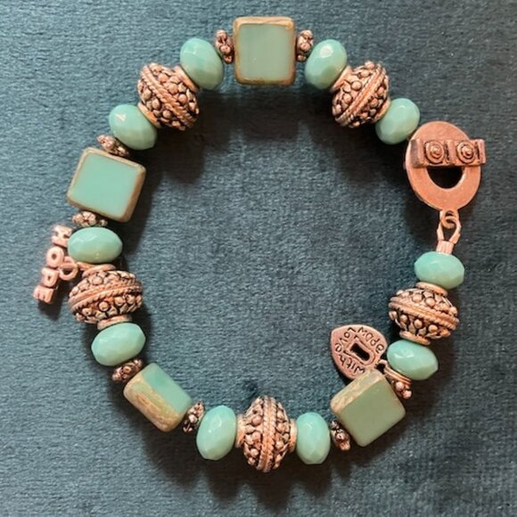 Turquoise Stone and .925 Silver Beaded Bracelet with Hope, Made With Love Charms - Picture 1 of 5